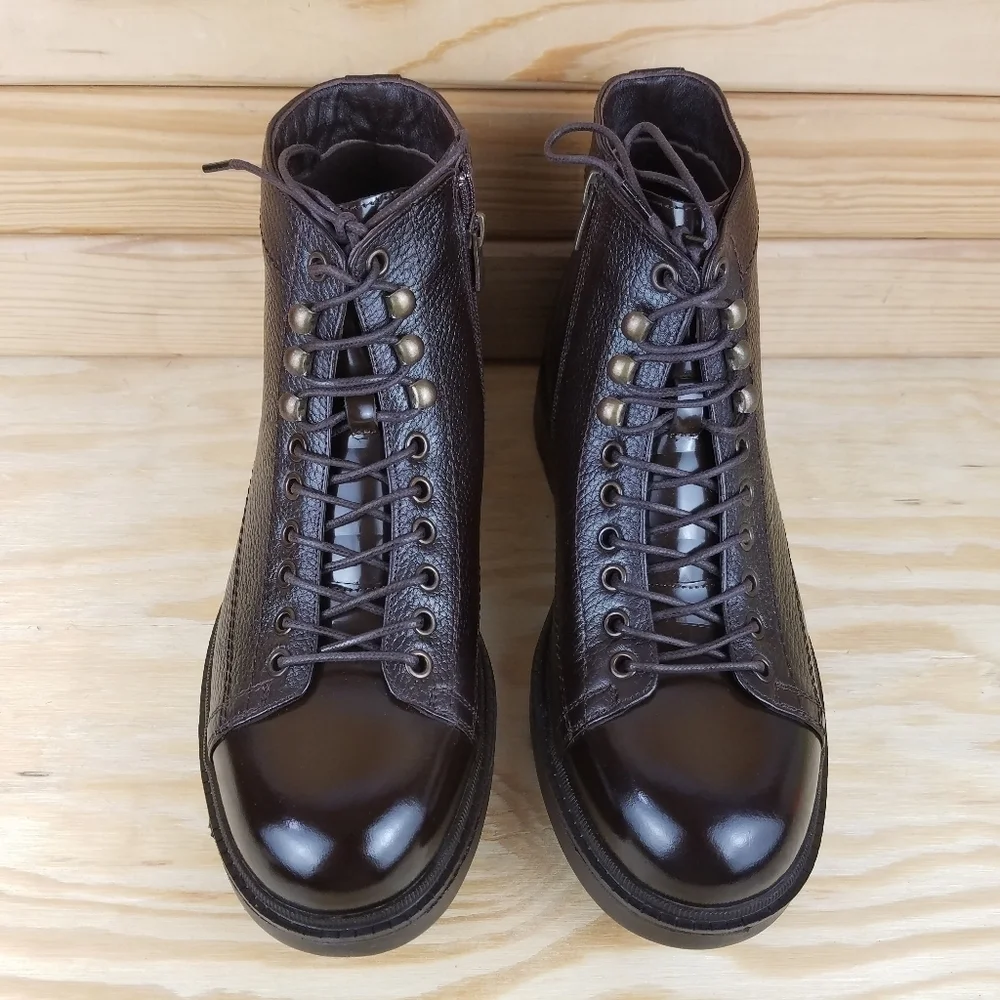 Men's 10 US 100% Genuine Leather Brown Ankle Boots Paul Branco Side Zip Lace-up